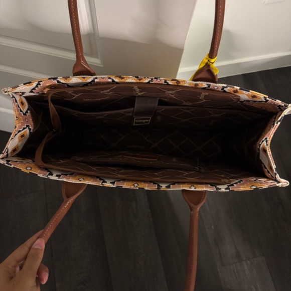 Wrangler Geometric Tote Bag – Brown & Cream, Leather Handles, Boho Crossbody - Picture 5 of 5